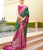 Green ethnic motifs zari silk blend banarasi saree