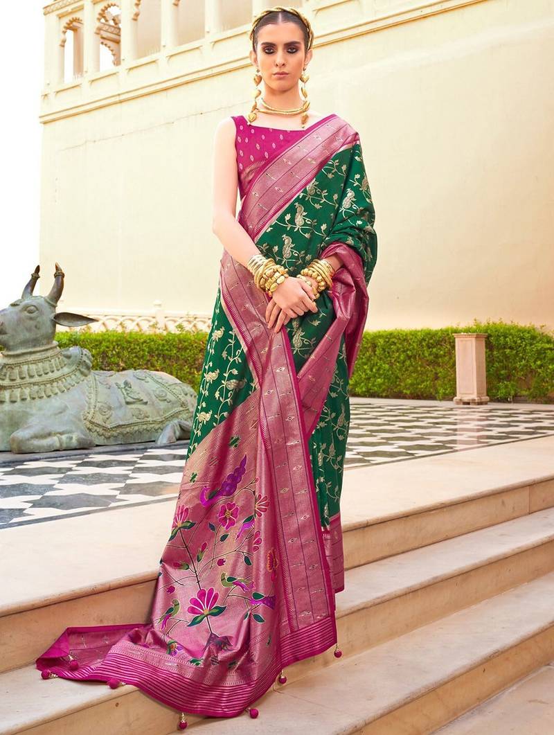 Green ethnic motifs zari silk blend banarasi saree