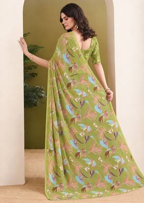 Mehndi green abstract printed pure georgette ready to wear saree 2