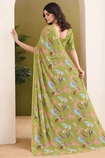 Mehndi green abstract printed pure georgette ready to wear saree