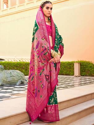 Green ethnic motifs zari silk blend banarasi saree 2