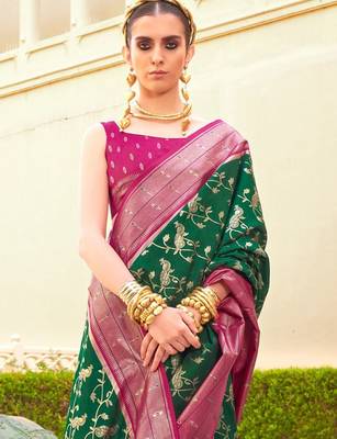 Green ethnic motifs zari silk blend banarasi saree 3