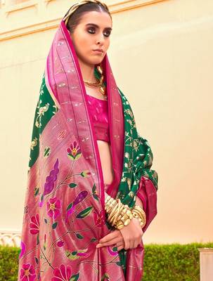 Green ethnic motifs zari silk blend banarasi saree 4