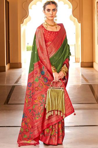 Green woven design zari  banarasi saree