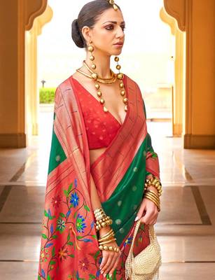 Green woven design zari silk blend designer banarasi saree 3