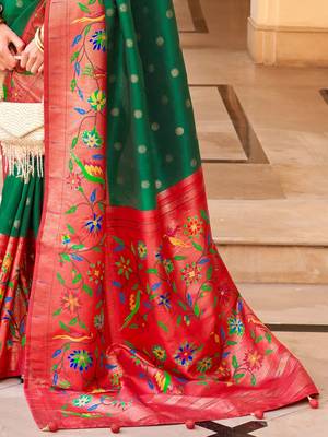 Green woven design zari silk blend designer banarasi saree 5