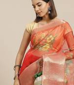 Red red & yellow floral organza saree