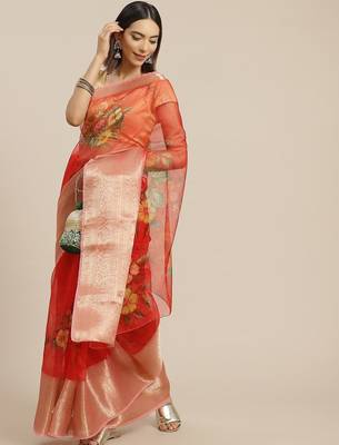 Red red & yellow floral organza saree 2