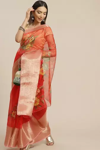 Red red & yellow floral organza saree