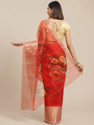 Red red & yellow floral organza saree 3