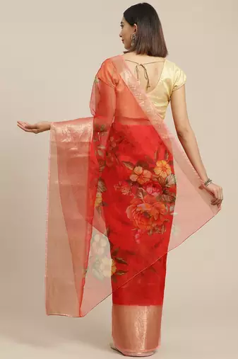 Red red & yellow floral organza saree