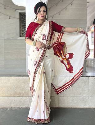 Off white ethnic motifs beads and stones block print saree 1