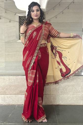 Red ethnic motifs beads and stones block print saree