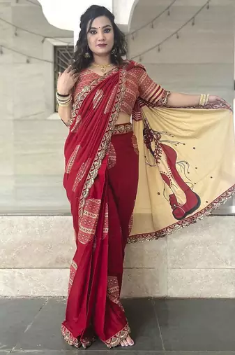 Red ethnic motifs beads and stones block print saree