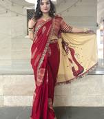 Red ethnic motifs beads and stones block print saree