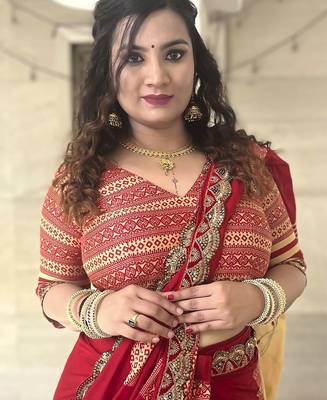 Red ethnic motifs beads and stones block print saree 2