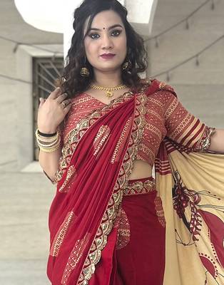 Red ethnic motifs beads and stones block print saree 3