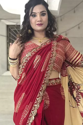 Red ethnic motifs beads and stones block print saree