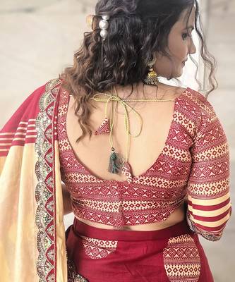 Red ethnic motifs beads and stones block print saree 4