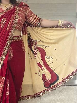 Red ethnic motifs beads and stones block print saree 5