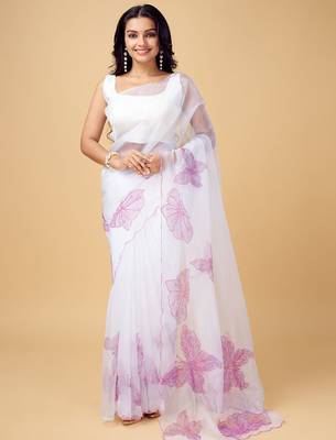 White white & white floral printed beads and stones organza saree 1