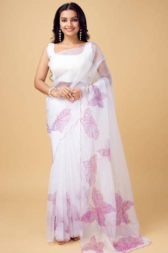 White white & white floral printed beads and stones organza saree