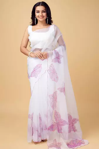 White white & white floral printed beads and stones organza saree