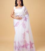White white & white floral printed beads and stones organza saree