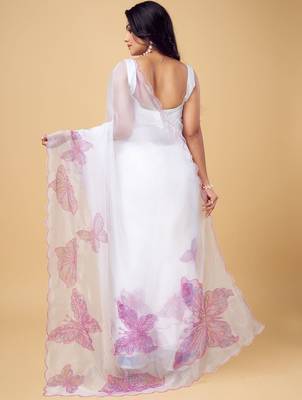 White white & white floral printed beads and stones organza saree 2