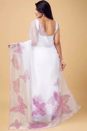 White white & white floral printed beads and stones organza saree