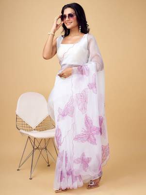 White white & white floral printed beads and stones organza saree 3