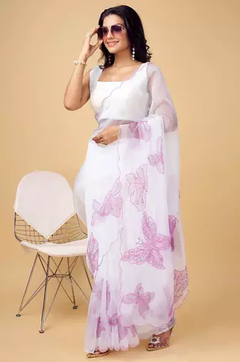 White white & white floral printed beads and stones organza saree