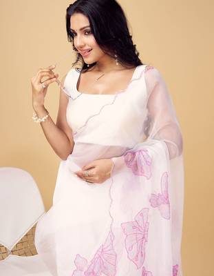 White white & white floral printed beads and stones organza saree 4