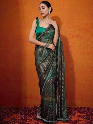 Green striped zari  georgette saree 1