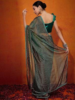 Green striped zari  georgette saree 3