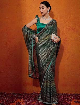 Green striped zari  georgette saree 4