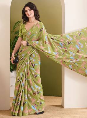 Mehndi green abstract printed pure georgette ready to wear saree 3