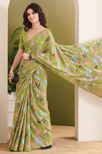 Mehndi green abstract printed pure georgette ready to wear saree