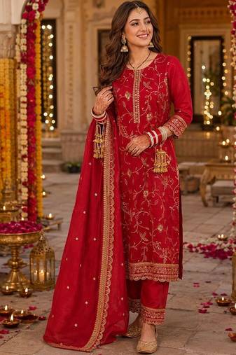 women ethnic motifs regular thread work kurta with trousers & with dupatta