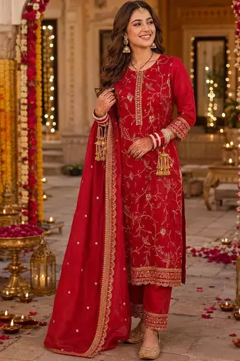 women ethnic motifs regular thread work kurta with trousers & with dupatta