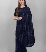 Navy blue striped sequinned saree