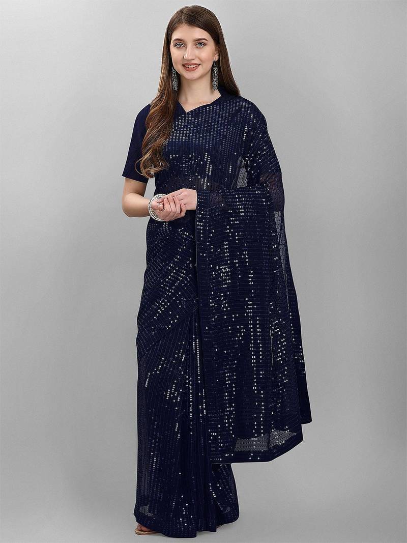Navy blue striped sequinned saree