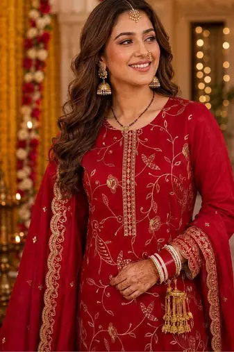 women ethnic motifs regular thread work kurta with trousers & with dupatta