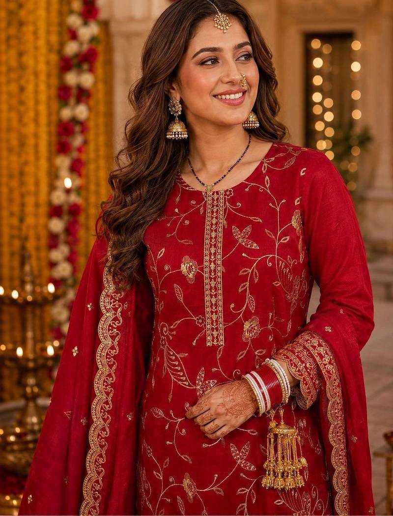 women ethnic motifs regular thread work kurta with trousers & with dupatta