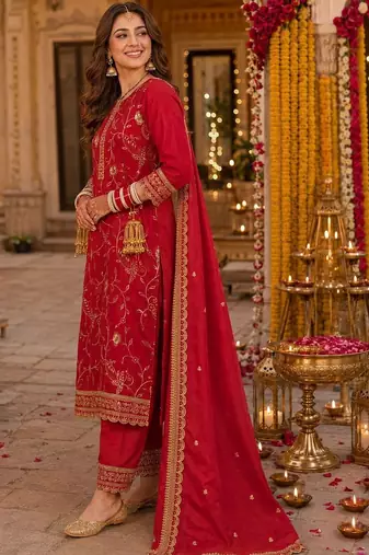 women ethnic motifs regular thread work kurta with trousers & with dupatta