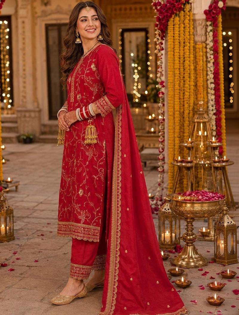 women ethnic motifs regular thread work kurta with trousers & with dupatta