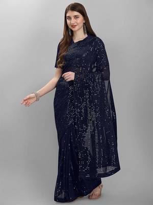 Navy blue striped sequinned saree 2