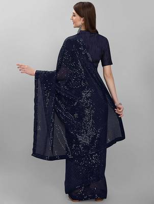 Navy blue striped sequinned saree 3