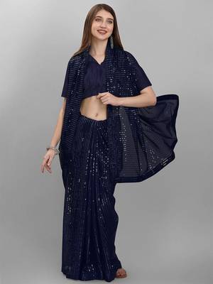 Navy blue striped sequinned saree 4