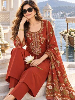 women ethnic motifs embroidered regular thread work  cotton kurta with trousers & with 3